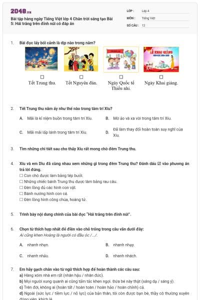 Bài tập hàng ngày Tiếng Việt lớp 4 Chân trời sáng tạo Bài 5: Hái trăng trên đỉnh núi có đáp án
