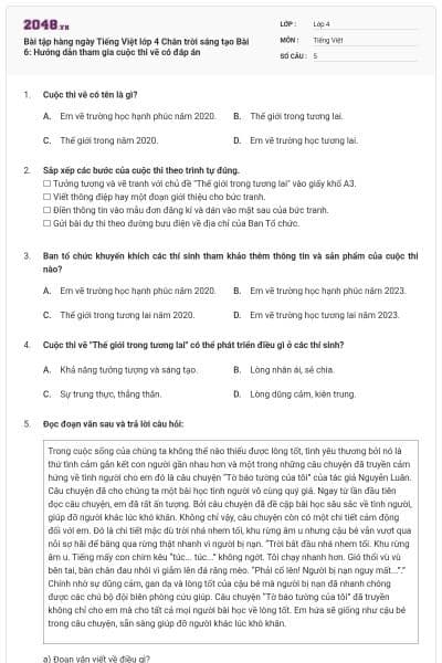 Bài tập hàng ngày Tiếng Việt lớp 4 Chân trời sáng tạo Bài 6: Hướng dẫn tham gia cuộc thi vẽ có đáp án