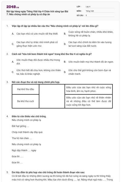 Bài tập hàng ngày Tiếng Việt lớp 4 Chân trời sáng tạo Bài 7: Nếu chúng mình có phép lạ có đáp án