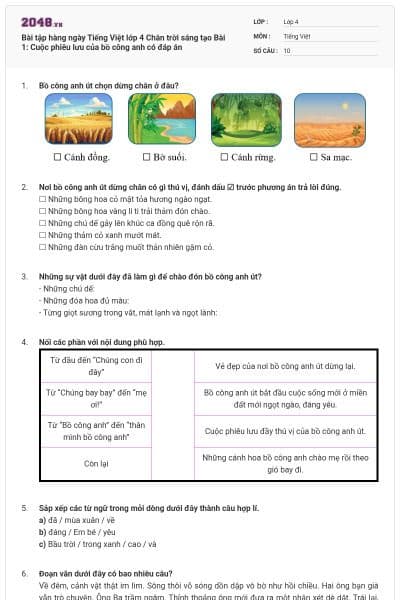 Bài tập hàng ngày Tiếng Việt lớp 4 Chân trời sáng tạo Bài 1: Cuộc phiêu lưu của bồ công anh có đáp án