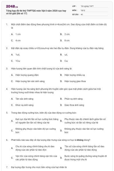 Tổng hợp đề thi thử THPTQG môn Vật lí năm 2020 cực hay có lời giải (Đề số 17)