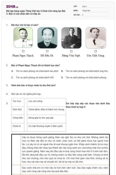 Bài tập hàng ngày Tiếng Việt lớp 4 Chân trời sáng tạo Bài 2: Bác sĩ của nhân dân có đáp án