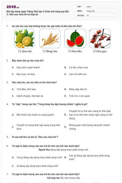 Bài tập hàng ngày Tiếng Việt lớp 4 Chân trời sáng tạo Bài 3: Xôn xao mùa hè có đáp án