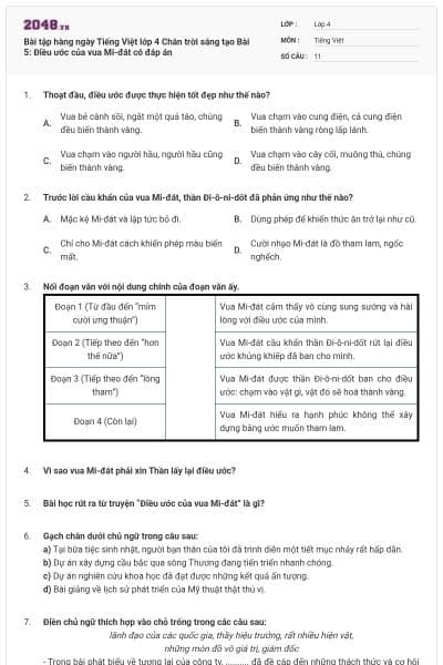 Bài tập hàng ngày Tiếng Việt lớp 4 Chân trời sáng tạo Bài 5: Điều ước của vua Mi-đát có đáp án