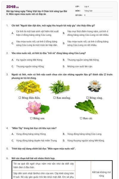 Bài tập hàng ngày Tiếng Việt lớp 4 Chân trời sáng tạo Bài 6: Món ngon mùa nước nổi có đáp án