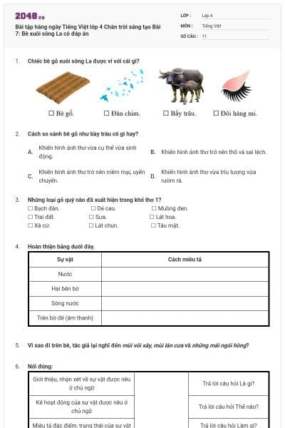 Bài tập hàng ngày Tiếng Việt lớp 4 Chân trời sáng tạo Bài 7: Bè xuôi sông La có đáp án