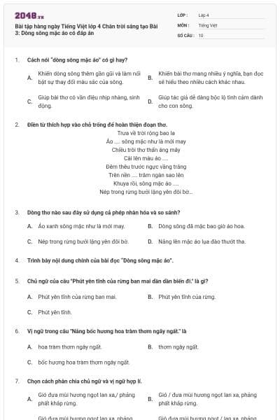 Bài tập hàng ngày Tiếng Việt lớp 4 Chân trời sáng tạo Bài 3: Dòng sông mặc áo có đáp án