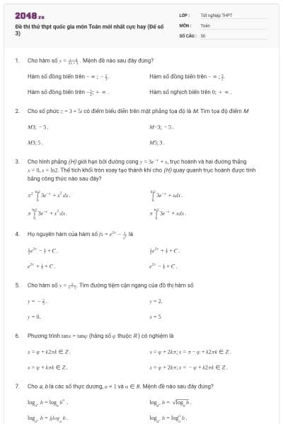 Đề thi thử thpt quốc gia môn Toán mới nhất cực hay (Đế số 3)