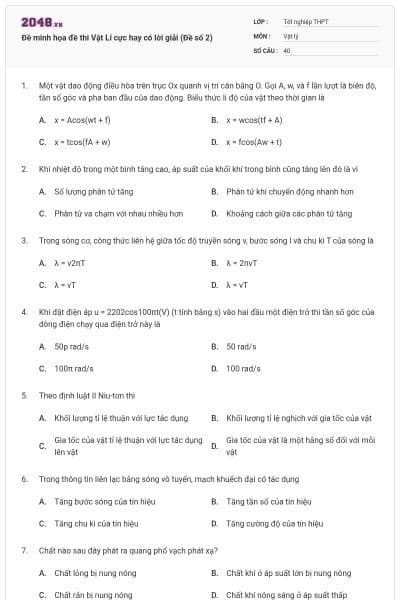 Đề minh họa đề thi Vật Lí cực hay có lời giải (Đề số 2)