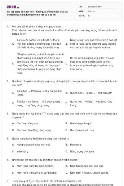 Bài tập tổng ôn Sinh học - Khái quát về trao đổi chất và chuyển hoá năng lượng ở sinh vật có đáp án