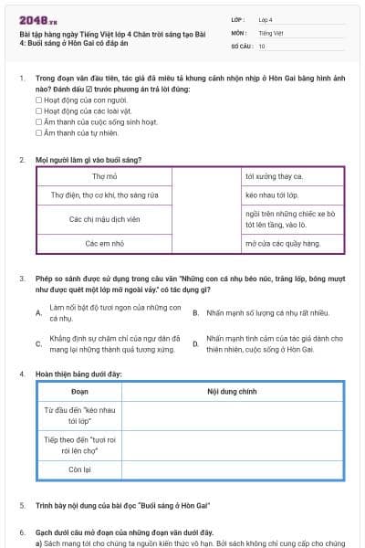 Bài tập hàng ngày Tiếng Việt lớp 4 Chân trời sáng tạo Bài 4: Buổi sáng ở Hòn Gai có đáp án
