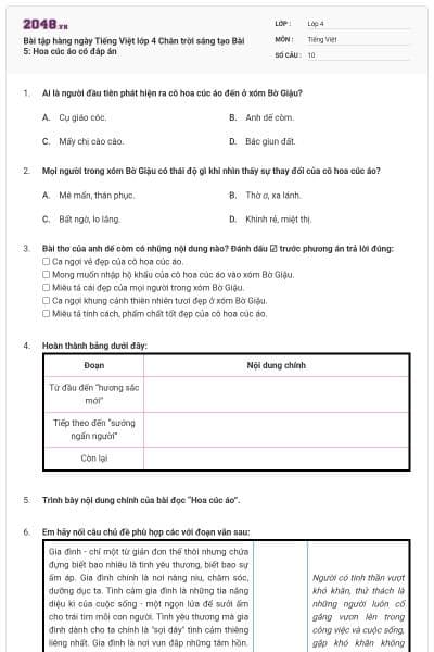 Bài tập hàng ngày Tiếng Việt lớp 4 Chân trời sáng tạo Bài 5: Hoa cúc áo có đáp án