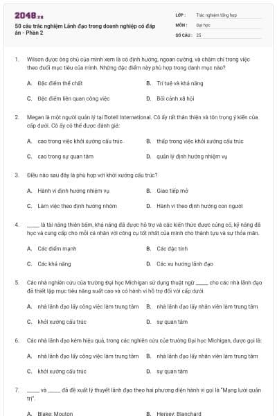 50 câu trắc nghiệm Lãnh đạo trong doanh nghiệp có đáp án - Phần 2