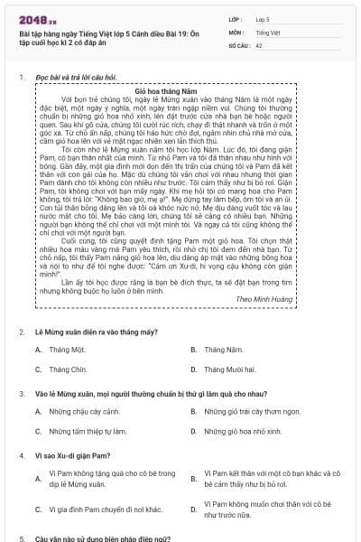 Bài tập hàng ngày Tiếng Việt lớp 5 Cánh diều Bài 19: Ôn tập cuối học kì 2 có đáp án