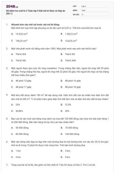 Đề kiểm tra cuối kì 2 Toán lớp 5 Kết nối tri thức có đáp án (Đề 1)