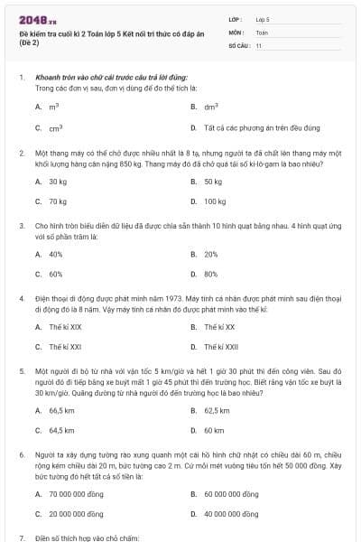 Đề kiểm tra cuối kì 2 Toán lớp 5 Kết nối tri thức có đáp án (Đề 2)