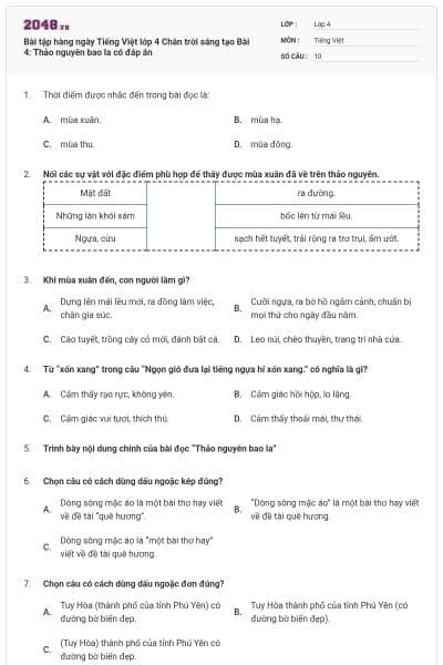 Bài tập hàng ngày Tiếng Việt lớp 4 Chân trời sáng tạo Bài 4: Thảo nguyên bao la có đáp án