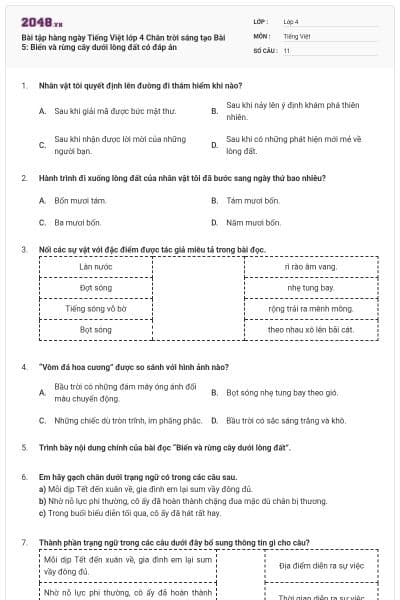 Bài tập hàng ngày Tiếng Việt lớp 4 Chân trời sáng tạo Bài 5: Biển và rừng cây dưới lòng đất có đáp án