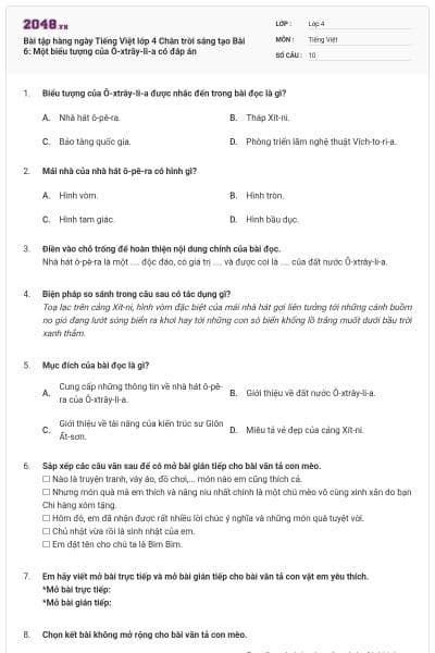 Bài tập hàng ngày Tiếng Việt lớp 4 Chân trời sáng tạo Bài 6: Một biểu tượng của Ô-xtrây-li-a có đáp án