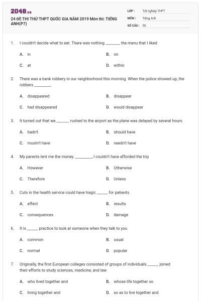 24 ĐỀ THI THỬ THPT QUỐC GIA NĂM 2019 Môn thi: TIẾNG ANH(P7)