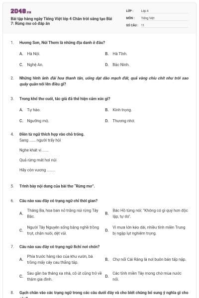 Bài tập hàng ngày Tiếng Việt lớp 4 Chân trời sáng tạo Bài 7: Rừng mơ có đáp án