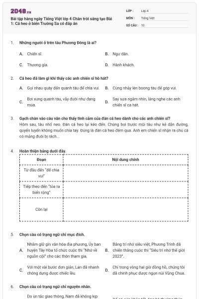 Bài tập hàng ngày Tiếng Việt lớp 4 Chân trời sáng tạo Bài 1: Cá heo ở biển Trường Sa có đáp án