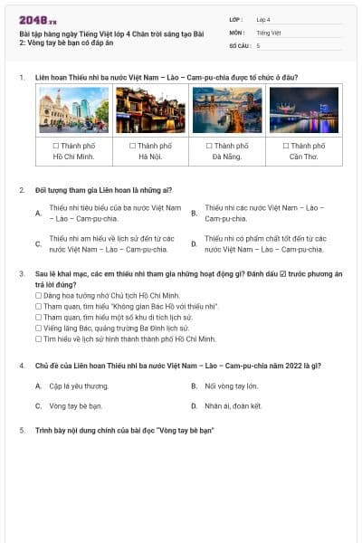 Bài tập hàng ngày Tiếng Việt lớp 4 Chân trời sáng tạo Bài 2: Vòng tay bè bạn có đáp án