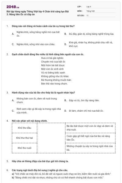 Bài tập hàng ngày Tiếng Việt lớp 4 Chân trời sáng tạo Bài 3: Nàng tiên Ốc  có đáp án