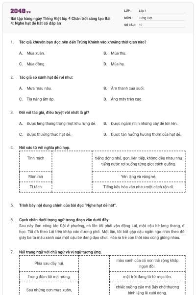Bài tập hàng ngày Tiếng Việt lớp 4 Chân trời sáng tạo Bài 4: Nghe hạt dẻ hát có đáp án