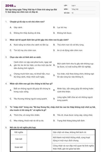 Bài tập hàng ngày Tiếng Việt lớp 4 Chân trời sáng tạo Bài 5: Quà tặng của chim non có đáp án