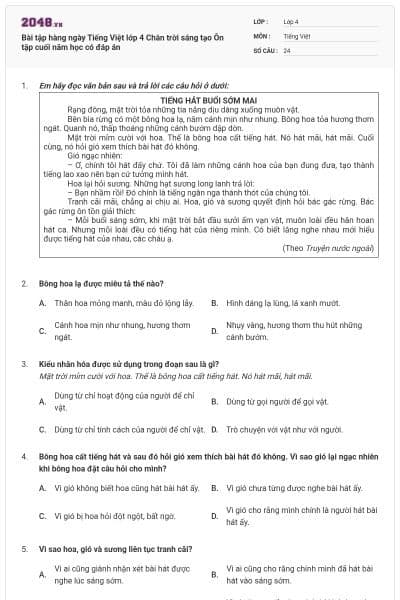 Bài tập hàng ngày Tiếng Việt lớp 4 Chân trời sáng tạo Ôn tập cuối năm học có đáp án