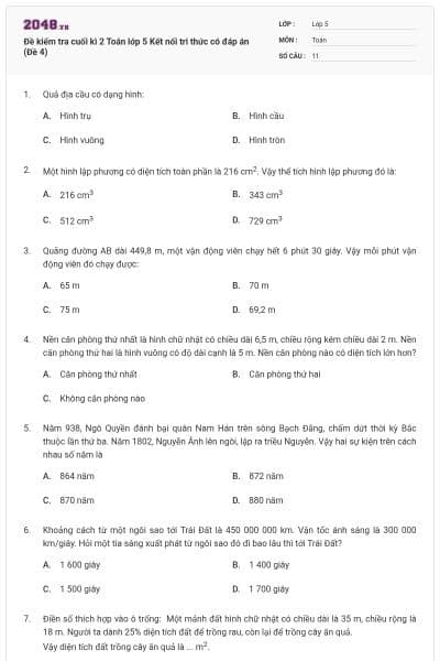 Đề kiểm tra cuối kì 2 Toán lớp 5 Kết nối tri thức có đáp án (Đề 4)