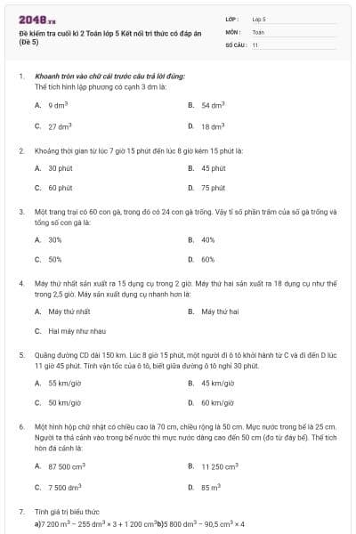 Đề kiểm tra cuối kì 2 Toán lớp 5 Kết nối tri thức có đáp án (Đề 5)