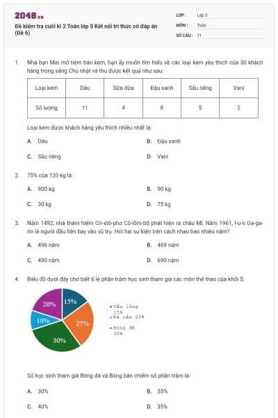 Đề kiểm tra cuối kì 2 Toán lớp 5 Kết nối tri thức có đáp án (Đề 6)