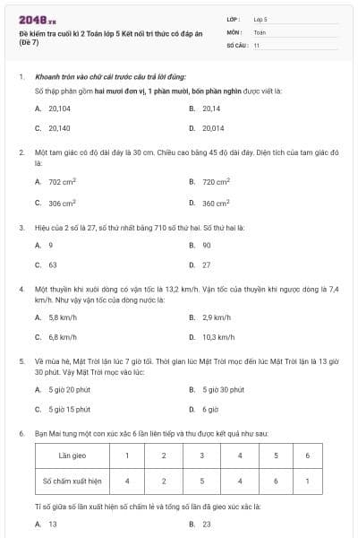 Đề kiểm tra cuối kì 2 Toán lớp 5 Kết nối tri thức có đáp án (Đề 7)