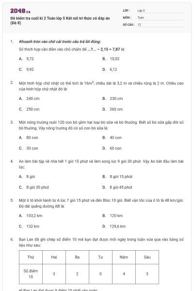 Đề kiểm tra cuối kì 2 Toán lớp 5 Kết nối tri thức có đáp án (Đề 8)