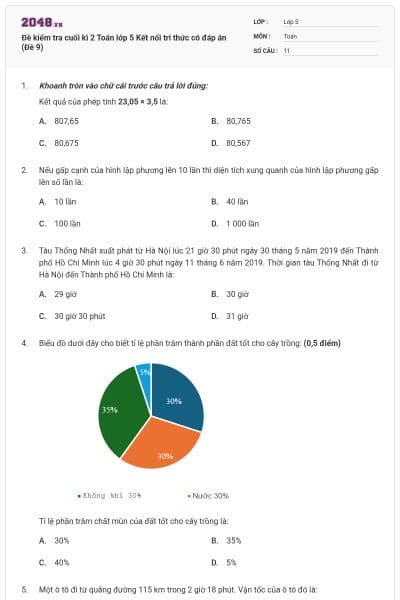Đề kiểm tra cuối kì 2 Toán lớp 5 Kết nối tri thức có đáp án (Đề 9)