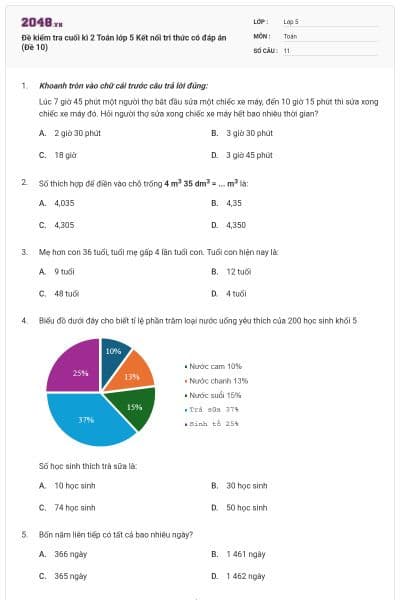 Đề kiểm tra cuối kì 2 Toán lớp 5 Kết nối tri thức có đáp án (Đề 10)
