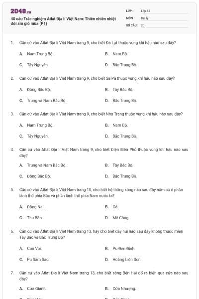 40 câu Trắc nghiệm Atlat Địa lí Việt Nam: Thiên nhiên nhiệt đới ẩm gió mùa (P1)