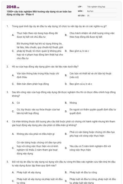 1000+ câu trắc nghiệm Môi trường xây dựng và an toàn lao động có đáp án - Phần 4