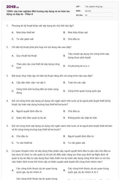 1000+ câu trắc nghiệm Môi trường xây dựng và an toàn lao động có đáp án - Phần 8