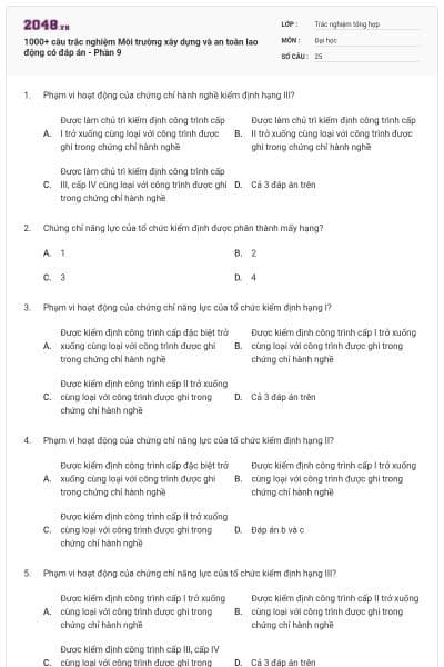 1000+ câu trắc nghiệm Môi trường xây dựng và an toàn lao động có đáp án - Phần 9