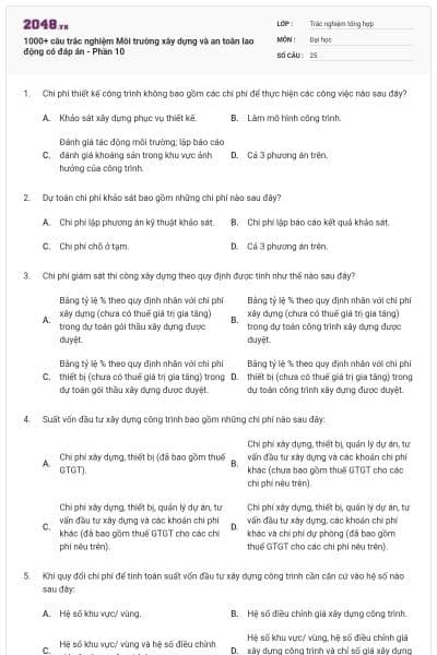 1000+ câu trắc nghiệm Môi trường xây dựng và an toàn lao động có đáp án - Phần 10