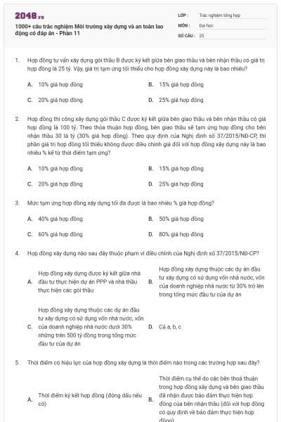 1000+ câu trắc nghiệm Môi trường xây dựng và an toàn lao động có đáp án - Phần 11