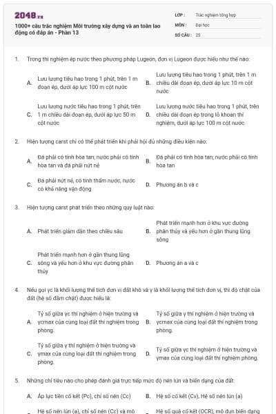 1000+ câu trắc nghiệm Môi trường xây dựng và an toàn lao động có đáp án - Phần 13