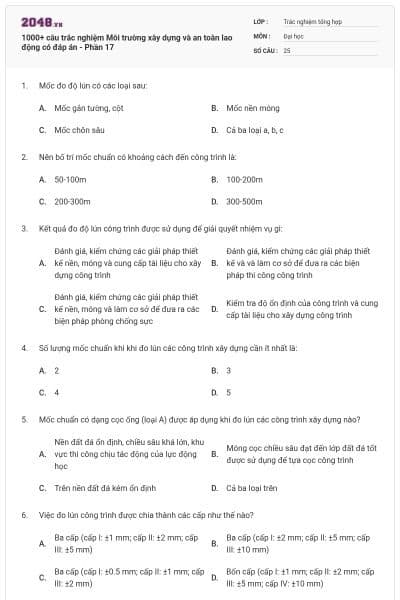 1000+ câu trắc nghiệm Môi trường xây dựng và an toàn lao động có đáp án - Phần 17