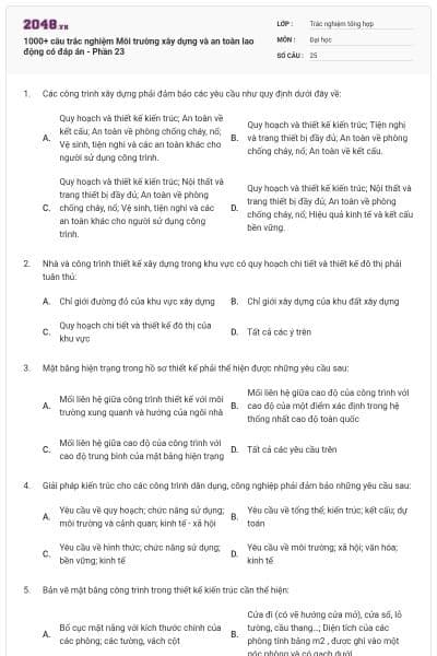 1000+ câu trắc nghiệm Môi trường xây dựng và an toàn lao động có đáp án - Phần 23
