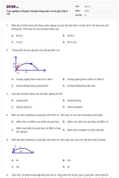 Trắc nghiệm lí thuyết: Chuyển động ném có lời giải (Vật lí 10)