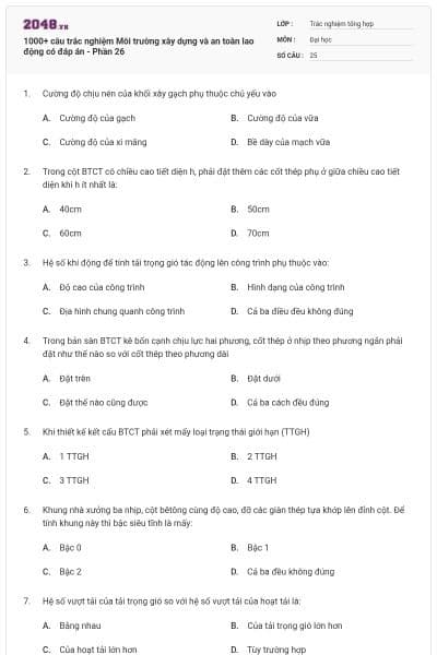 1000+ câu trắc nghiệm Môi trường xây dựng và an toàn lao động có đáp án - Phần 26