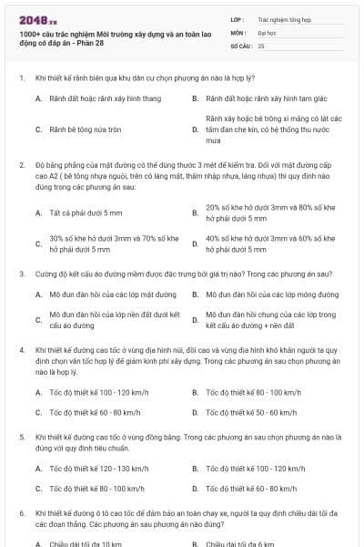 1000+ câu trắc nghiệm Môi trường xây dựng và an toàn lao động có đáp án - Phần 28